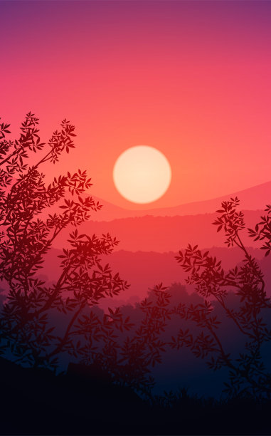 天然森林山地平线山树木的剪影。傍晚日出和日落。风景壁纸。矢量插图风格。色彩斑斓的视图的背景图片下载