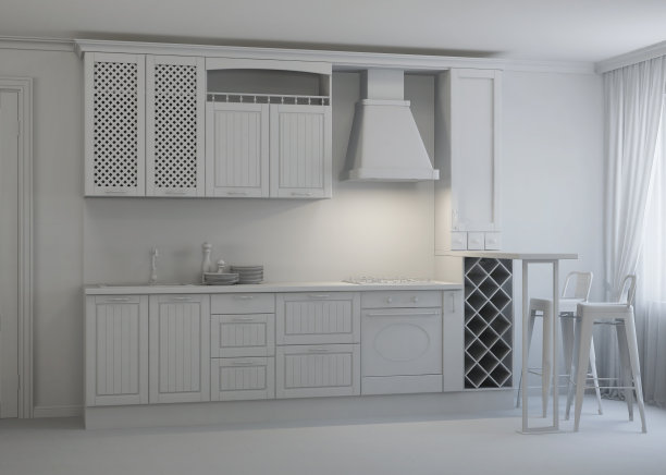 私人住宅厨房的内部。3 d渲染。图片下载