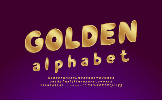 金色的字母。优雅的矢量字体，大写和小写字母，数字，标点符号，货币符号。深紫色渐变背景图片下载