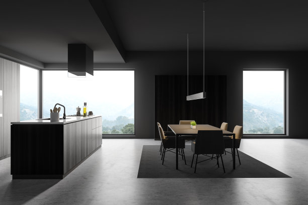 宽敞黑暗的厨房，餐桌和岛屿图片下载