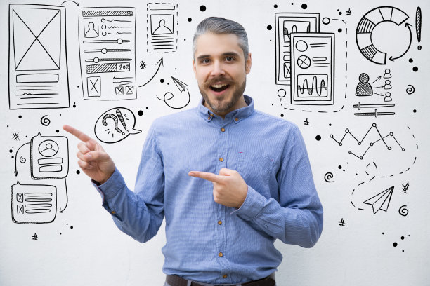 手绘的用户界面或用户体验图片与胡子男子指向左边图片下载