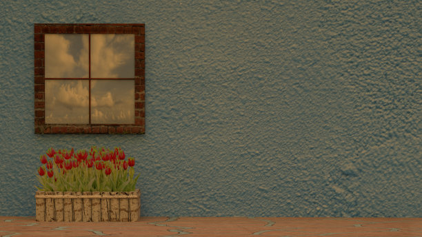 窗户的3d渲染与反射和美丽的郁金香旁边的墙图片下载