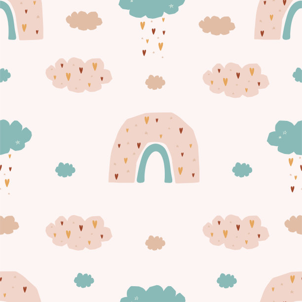 无缝图案与彩虹，云朵为孩子。图案手绘风格的海报，织物，墙纸，纺织品，包装纸。矢量图素材图片