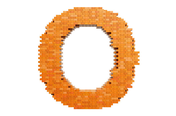 砖砌字体，字母O由砖砌而成。3D渲染孤立的白色背景图片下载