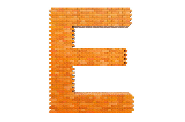 用砖砌字体，用砖砌字母E。3D渲染孤立的白色背景图片下载