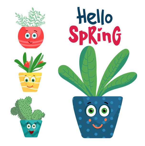 设置有趣的花在花盆字符与脸，手矢量孤立在白色矢量插图集合。印在衣服、t恤、杯子上。刻字你好春天图片下载