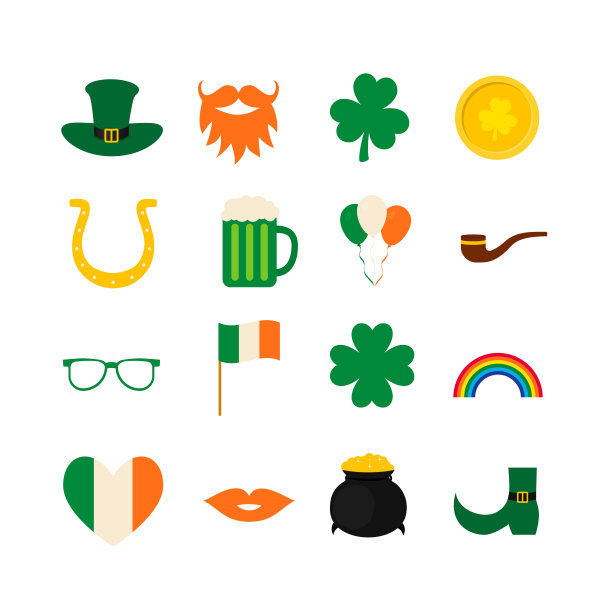 St. Patrickâ日标志图标和照相亭道具集:绿帽子，三叶草，妖精的宝藏，胡子，胡子，烟斗等。矢量元素的设计贺卡，横幅，海报，贴纸。图片下载