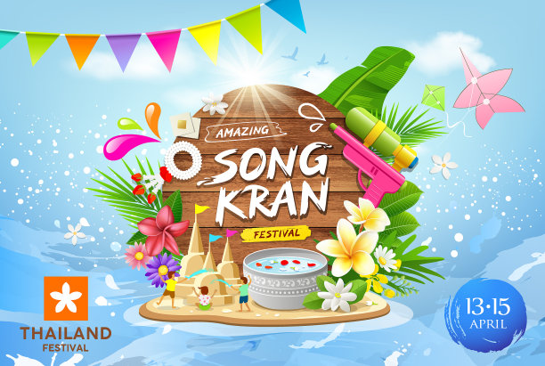 泰国泼水节今年夏天的横幅设计以水花蓝色为背景图片下载