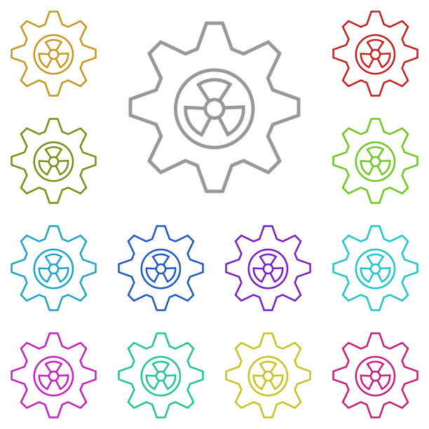 带有辐射标志多色图标的齿轮。用于UI和UX、网站或移动应用的可持续能源图标的简单细线、轮廓矢量图片下载