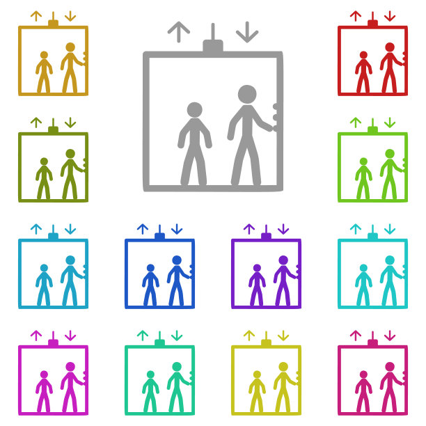 电梯里，人们在电梯里多色的图标。简单的字形，平面矢量通用图标的用户界面和用户体验，网站或移动应用程序图片下载