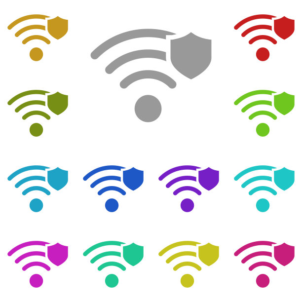 彩色盾牌Wi-Fi图标：用于UI和UX、网站或移动应用的科技系列简单矢量字形图片下载