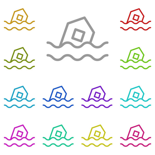 彩色房屋雨天图标，细线水元素UI/UX矢量图图片下载