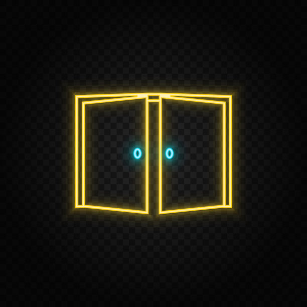 门，打开，图标霓虹灯图标。蓝色和黄色霓虹灯矢量图标。图片下载