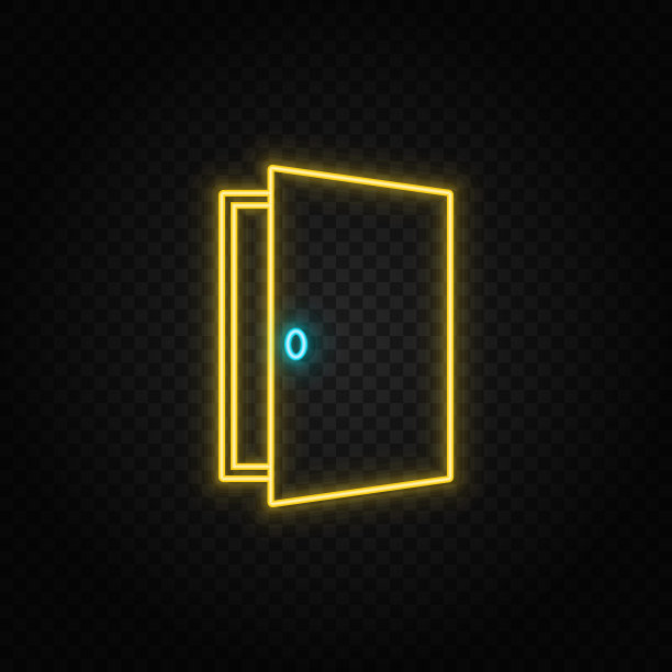 门，打开，图标霓虹灯图标。蓝色和黄色霓虹灯矢量图标。图片下载