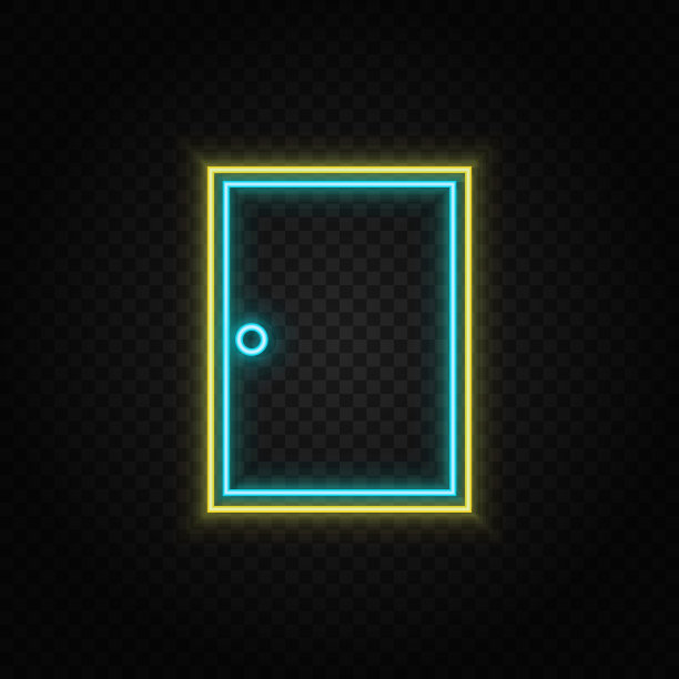 门，图标霓虹灯图标。蓝色和黄色霓虹灯矢量图标。图片下载