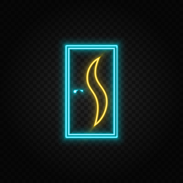 门，图标霓虹灯图标。蓝色和黄色霓虹灯矢量图标。图片下载