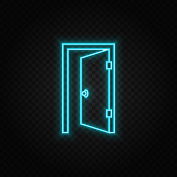 门，打开，图标霓虹灯图标。蓝色和黄色霓虹灯矢量图标。图片下载