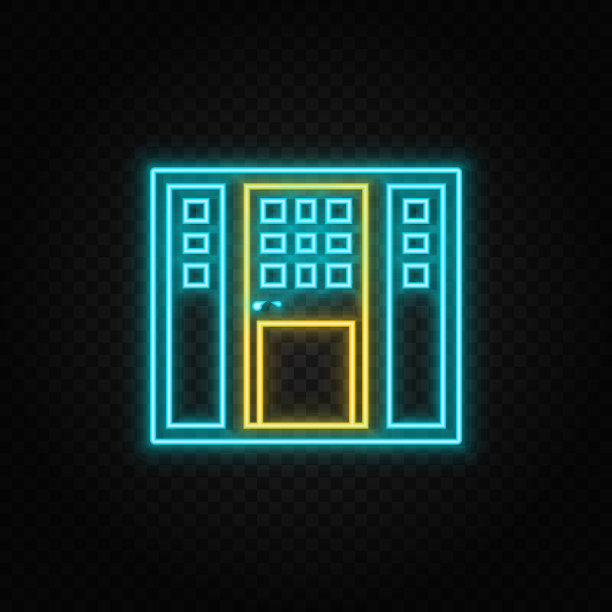 门，图标霓虹灯图标。蓝色和黄色霓虹灯矢量图标。图片下载