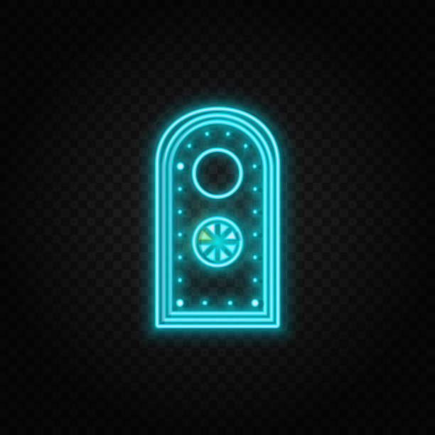 船，门，霓虹灯图标。蓝色和黄色霓虹灯矢量图标。图片下载