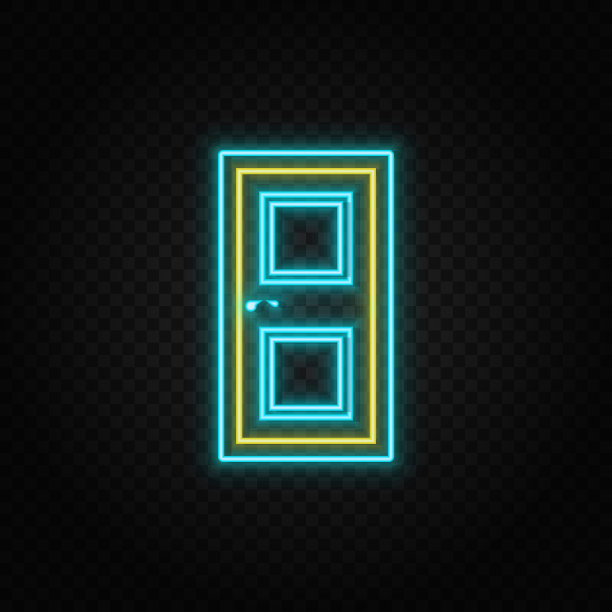 门，图标霓虹灯图标。蓝色和黄色霓虹灯矢量图标。图片下载