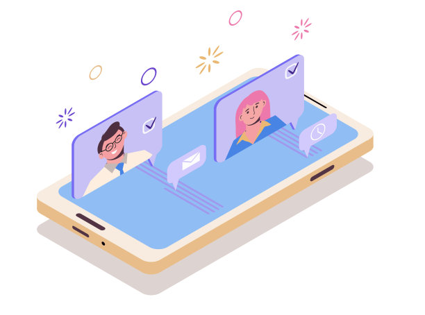 现代平面等距概念插图。通过电话沟通。女生和男生在社交网络上聊天。图片下载
