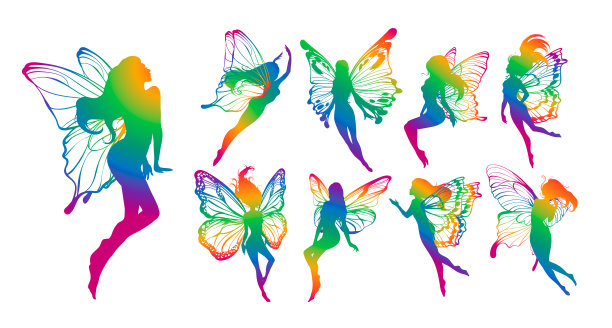 可爱仙女艺术。美丽的仙女剪影合集，小仙女套装。手绘矢量插画图片下载