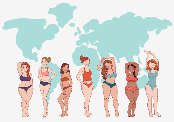一群不同身高、体型和身材的年轻女性穿着泳装站成一排。身体的正面和美丽的多样性向量概念图片下载