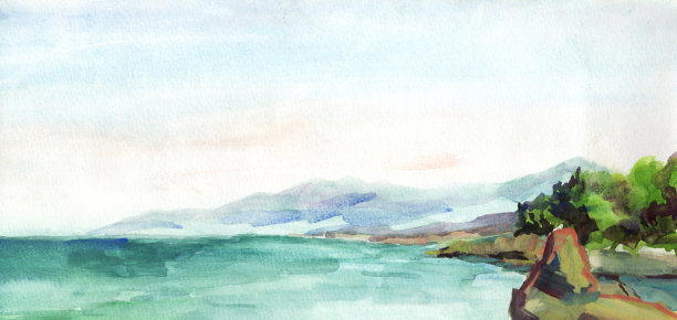 手绘水彩画以五彩的岩石、碧海、绿树、山川蓝天为背景图片下载