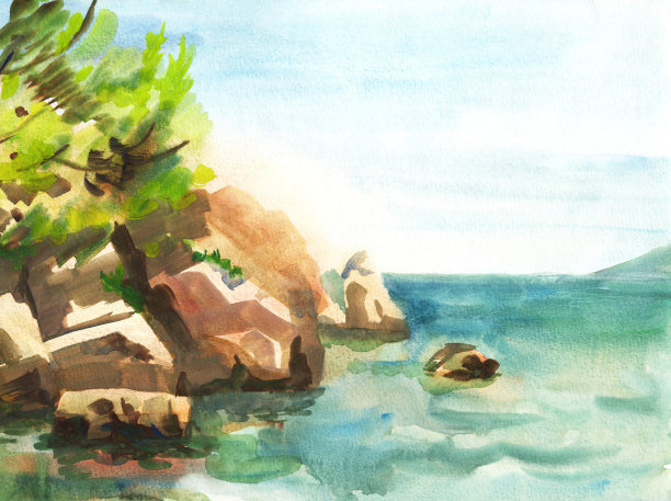 手绘水彩画彩色的岩石，海，绿色的树，蓝天背景。图片下载