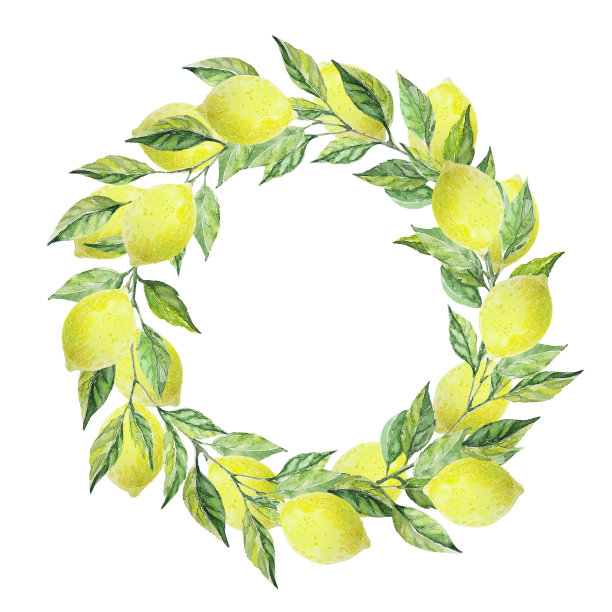 绿色的叶子和黄色的柠檬编成的花环。水彩手绘插图。理想的卡片，邀请，祝贺，保存日期。图片下载
