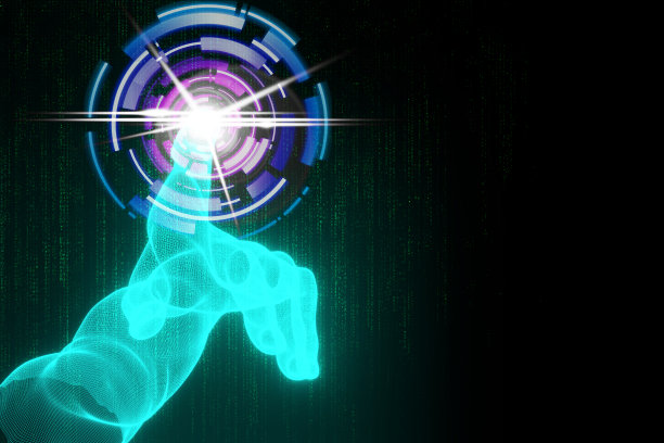 蓝色手触摸未来线框的渲染图，孤立在黑色背景上。未来技术商业概念。图片下载