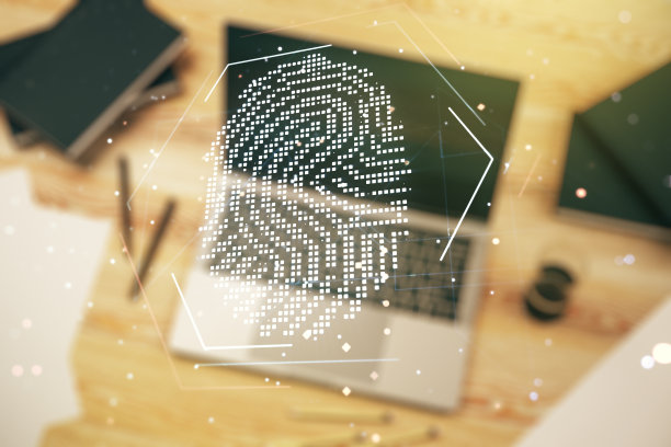 摘要创意指纹插画在现代计算机背景下，个人生物特征数据的概念。Multiexposure图片下载