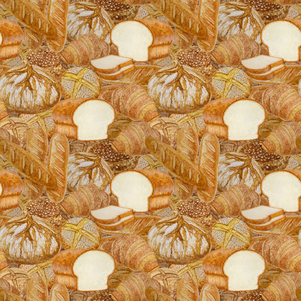 烹饪自制棕色硬皮法式面包面包或烤插图无缝重复图案，水彩手绘元素为墙纸或印刷图片下载