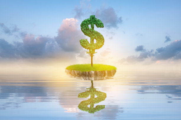 岛上的一棵绿树在平静的海水中倒映着。夏日草地、蓝天的自然景观。友好的商业和投资生态系统。银行和外汇市场。图片下载