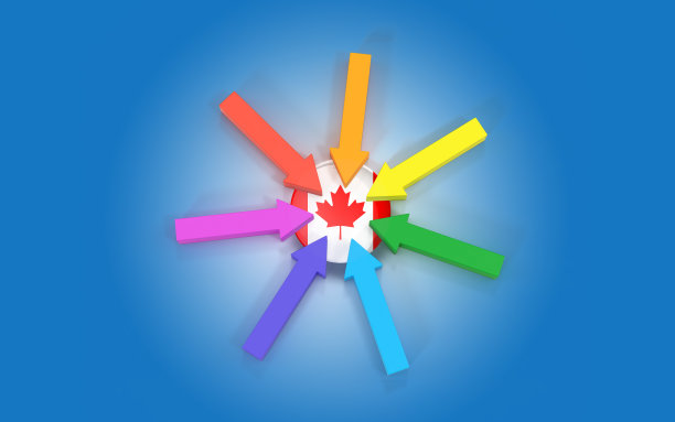 加拿大国旗由3D Mukti彩色商业图表箭头标志指向蓝色背景图片下载