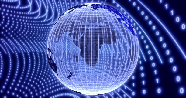 霓虹灯数字二进制背景与旋转的行星地球。网络动画，数字事件。三维演示图片下载