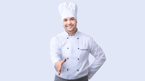 厨师伸出手握手问候站，白色背景，全景图片下载