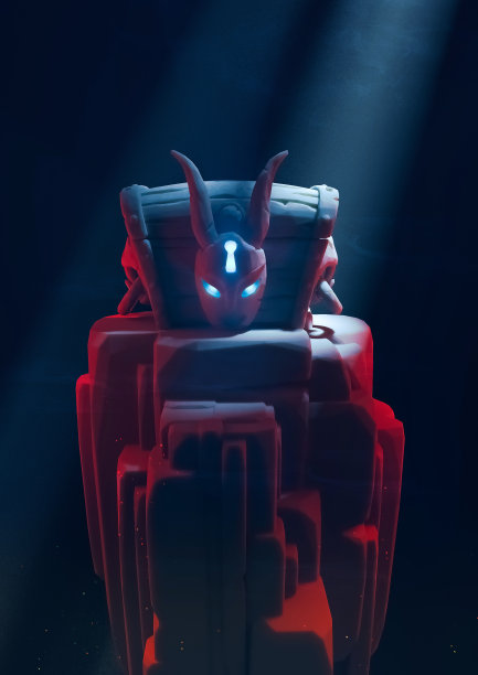 魔箱站在高高的岩石上，向深渊中射出两道可见的光线。图片下载