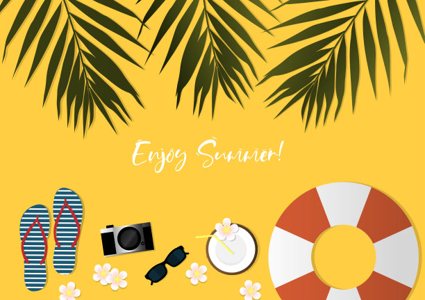 以热带树叶、相机、拖鞋、椰汁、太阳镜、救生圈和花朵为背景的夏季度假矢量设计素材图片