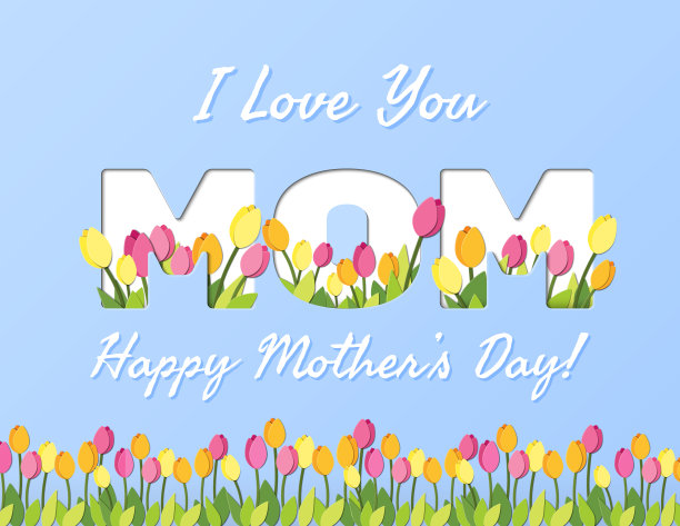 快乐的母亲节。我爱你妈妈贺卡与花卉元素。矢量插图。剪纸风格与盛开的郁金香在蓝色背景的海报，明信片，横幅图片下载
