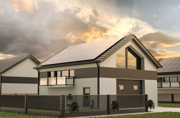 带生态光伏板屋顶的现代半独立式公寓图片下载