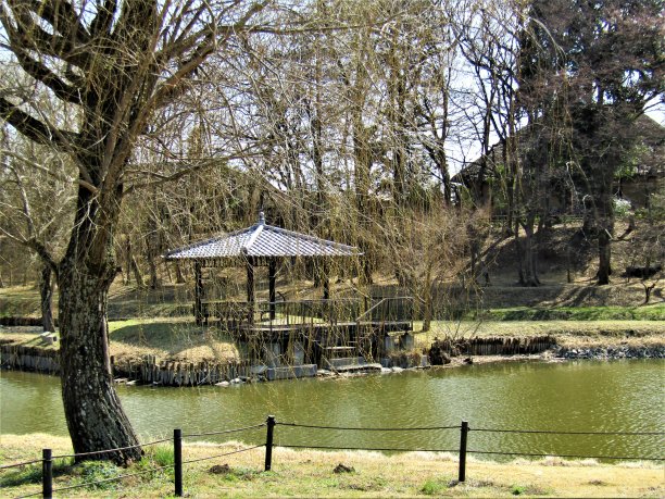 3月初。日本小公共花园中的露台。千叶县野田市。3月初。在小日本公共花园的湖上的凉亭。千叶县野田市。图片下载