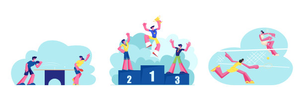 人们积极的运动生活。女孩们在球场上打网球。男女角色乒乓球比赛。快乐的运动员在领奖台上拿着奖牌和奖杯。卡通矢量图图片下载