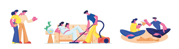 一组幸福的人，爱的关系和等待的宝宝。男女角色花时间在一起孕妇放松在沙发上，男人打扫家。夫妇喝茶。卡通矢量图图片下载