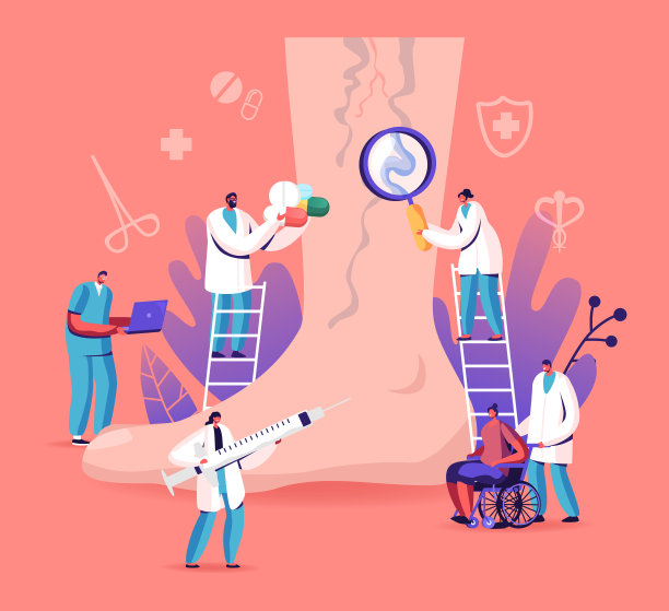 静脉血栓形成和静脉曲张的治疗理念。小医生字符与医疗器械和药物周围巨大的脚与疾病静脉，保健。卡通人物矢量插图图片下载