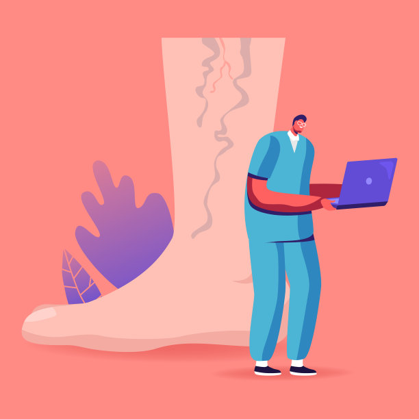 足部保健，足病概念。微型医生角色在巨脚的笔记本电脑上工作与患病的蜘蛛静脉搜索关于血栓和静脉曲张治疗的信息。卡通矢量图图片下载