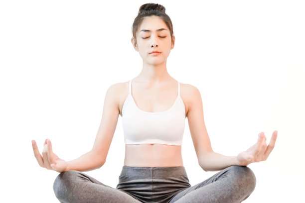 运动，年轻漂亮的亚洲女性穿着白色背心在白色背景上做瑜伽图片下载