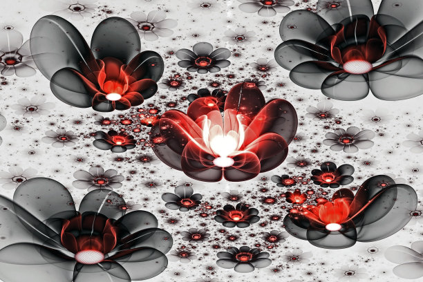 抽象分形三维空间黑色和红色的花朵映衬着美丽的星空。彩色分形图像在一个光的背景图片下载