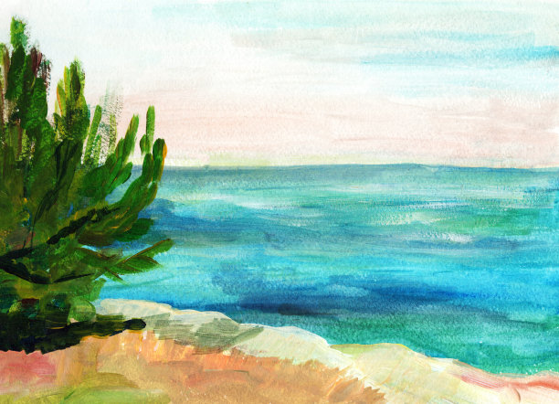 手绘水彩画彩色的岩石，海，绿色的树，蓝天背景。图片下载