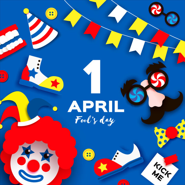 愚人节。滑稽疯狂的面具眼镜。Jesper帽子。踢我恶作剧贴纸纸。滑稽小丑，红色假发。小丑鞋和蝴蝶结剪纸风格的蓝色。空间的文本。图片下载